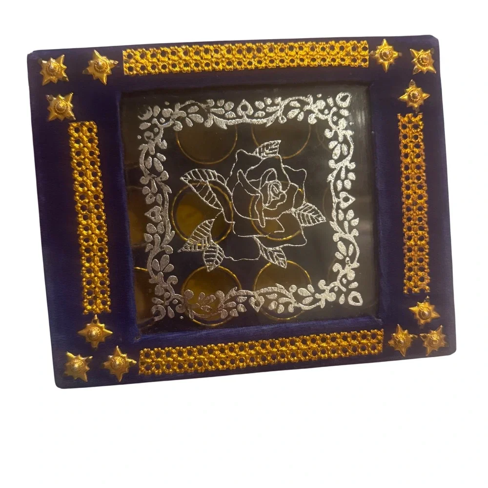 Vintage Blue Velvet Box Persian Design Glass Lid Ornate Trim Display Compartment